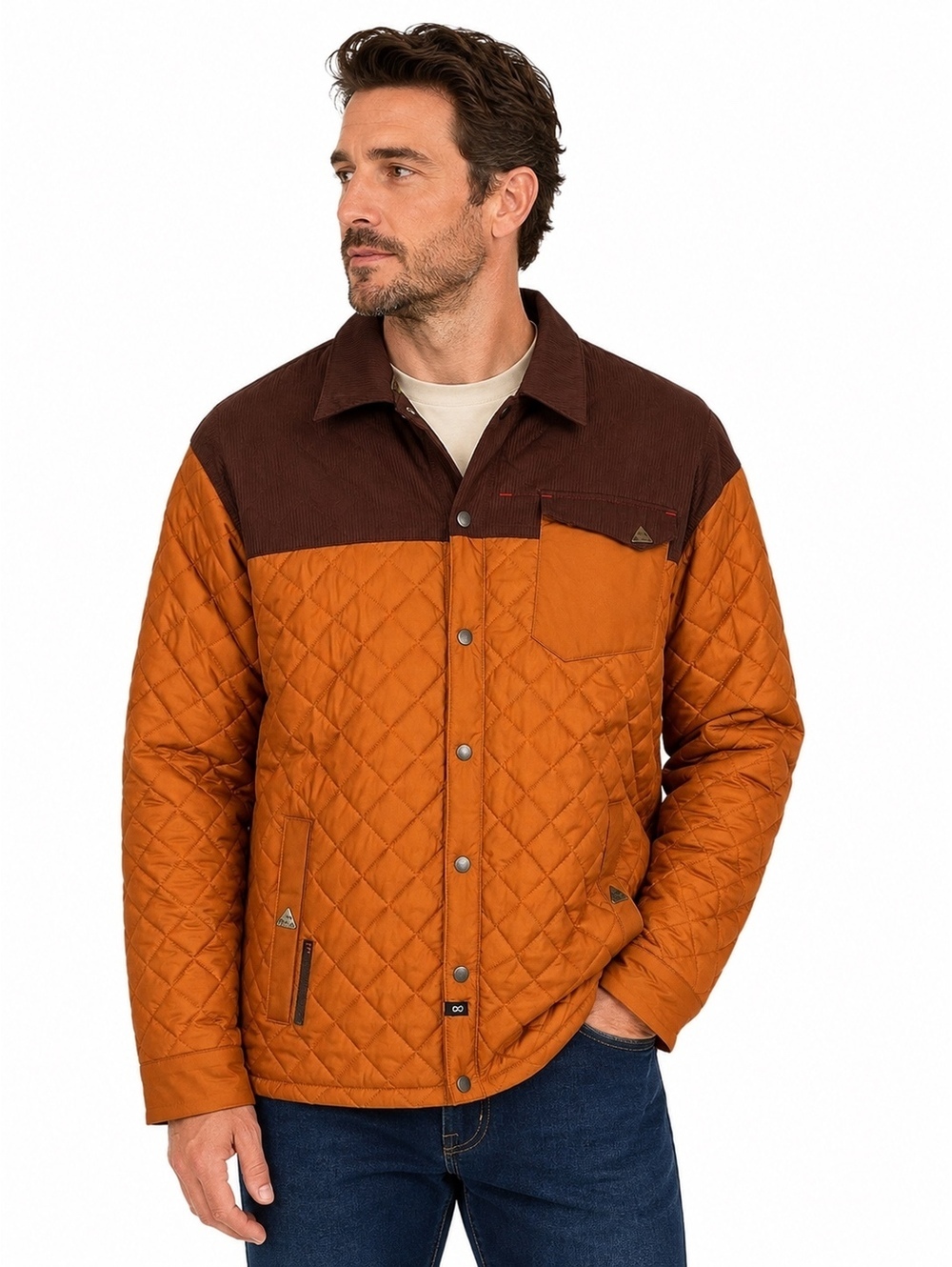 INI Cooperative Men’s Quilted Jacket Orange Brown Trim Elbow Patches Size M